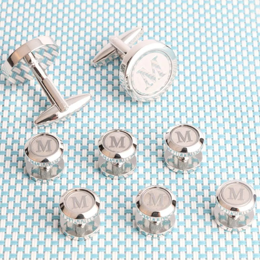 Mens Cufflinks and Studs Tuxedo Shirts Business Wedding Initials Alphabet A-Z Gift Set