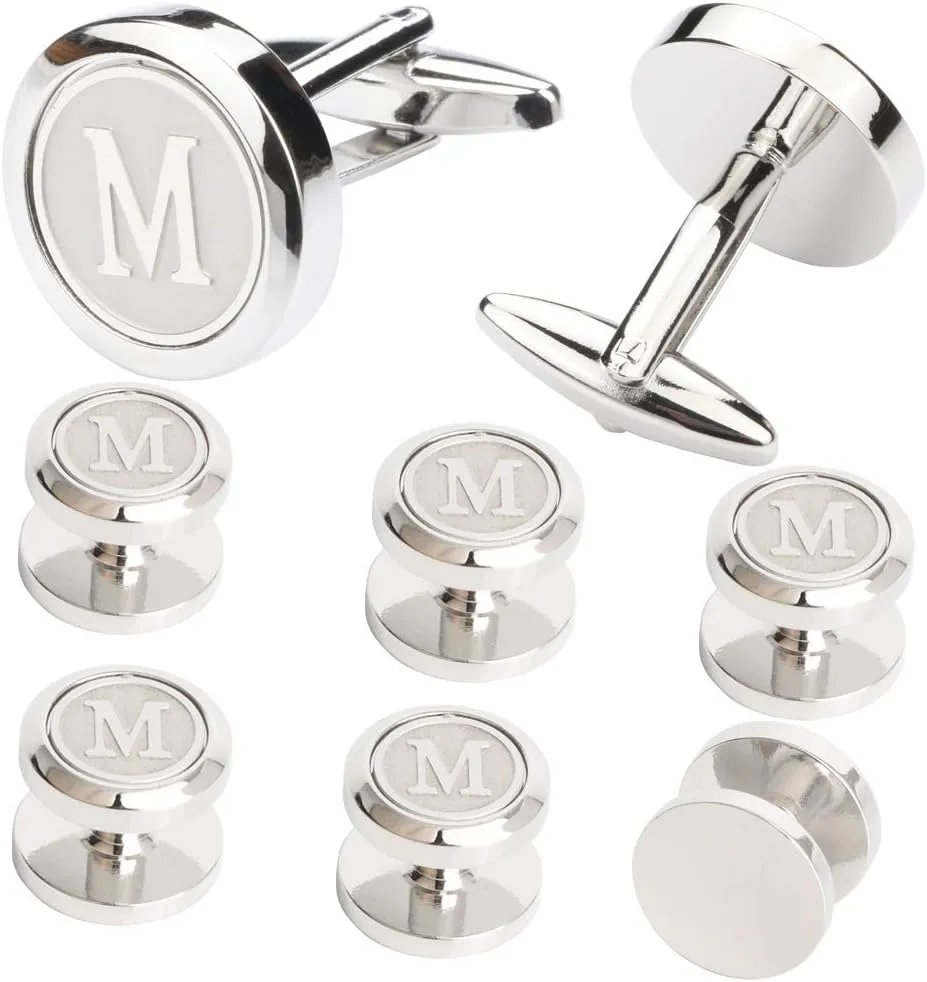 Mens Cufflinks and Studs Tuxedo Shirts Business Wedding Initials Alphabet A-Z Gift Set
