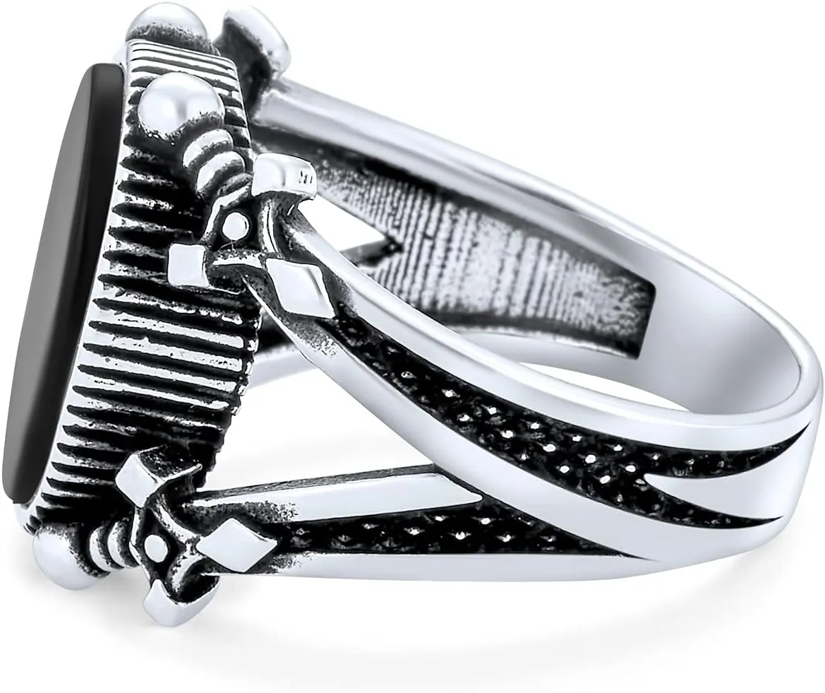 Mens Double Swords Shank Black Onyx Statement Oval Signet Ring Silver Black Onyx / 8