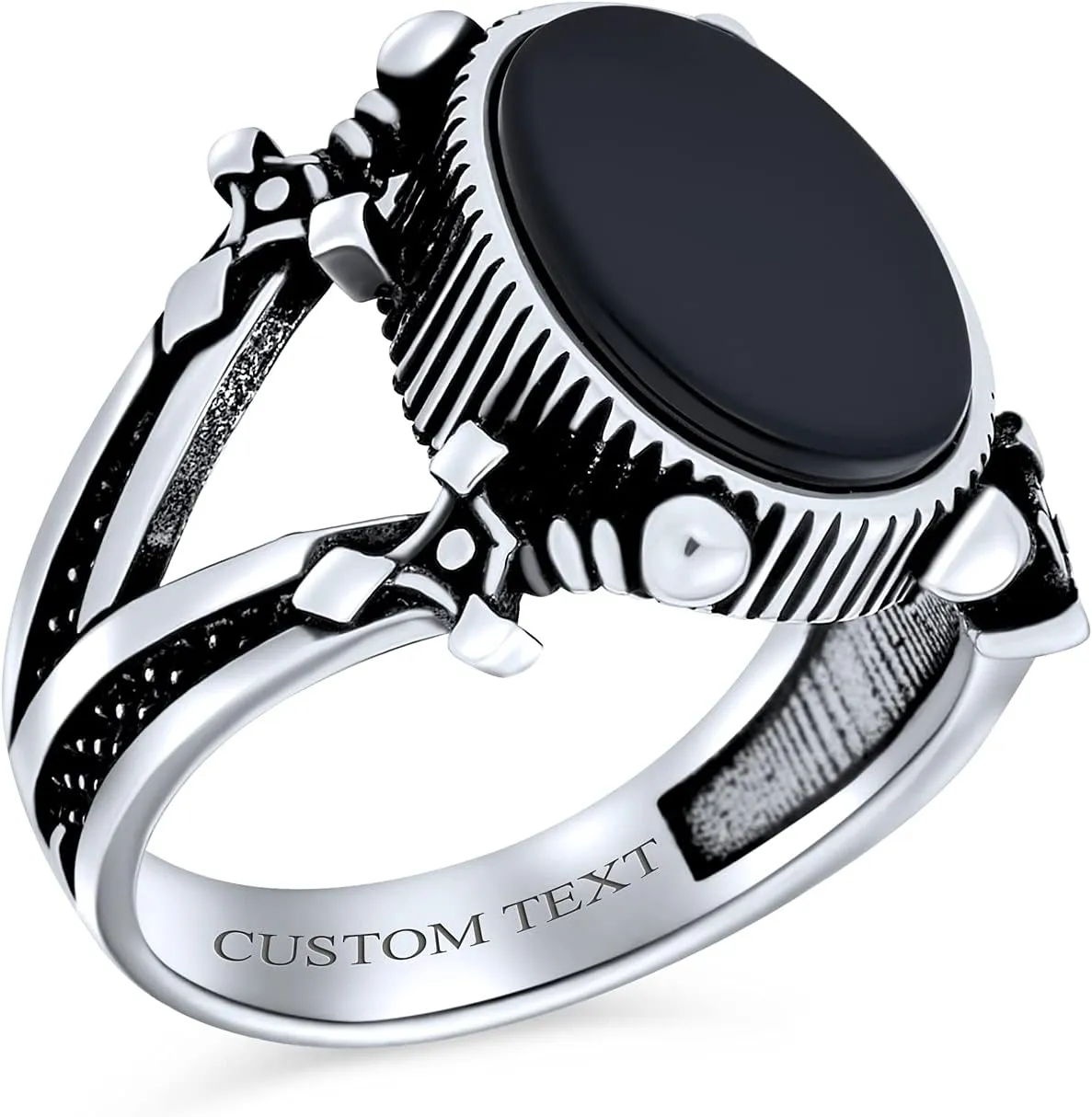 Mens Double Swords Shank Black Onyx Statement Oval Signet Ring Silver Black Onyx / 8
