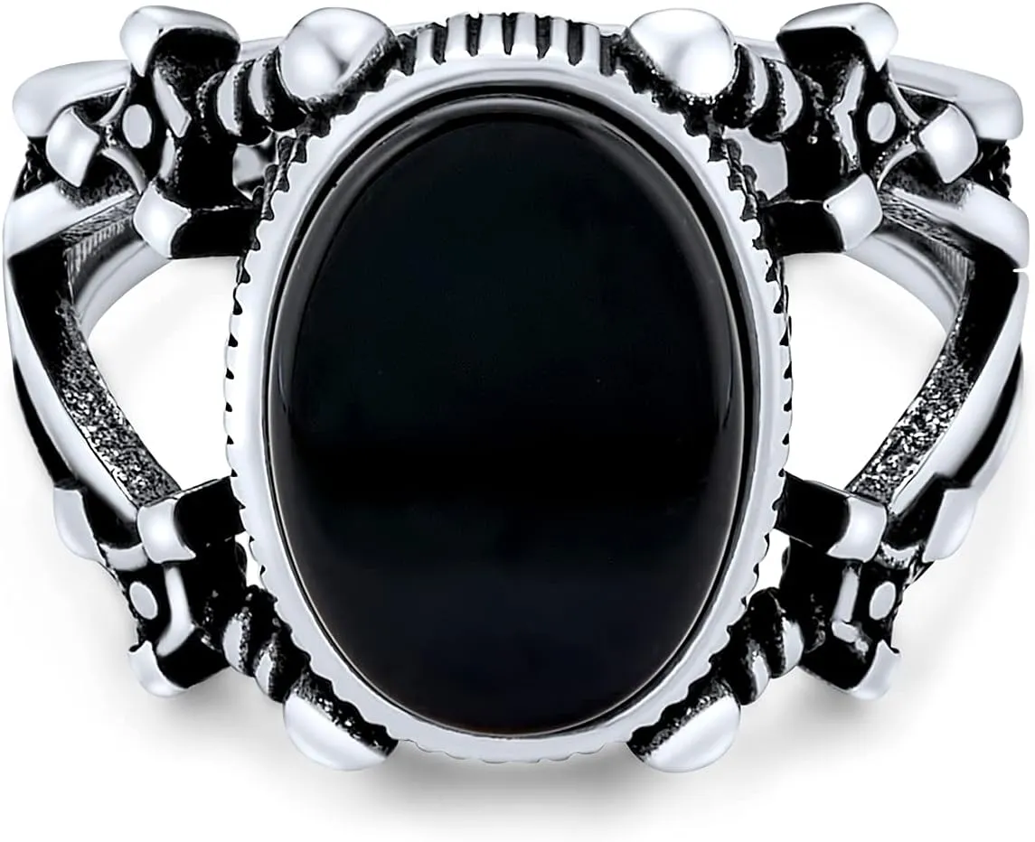 Mens Double Swords Shank Black Onyx Statement Oval Signet Ring Silver Black Onyx / 8