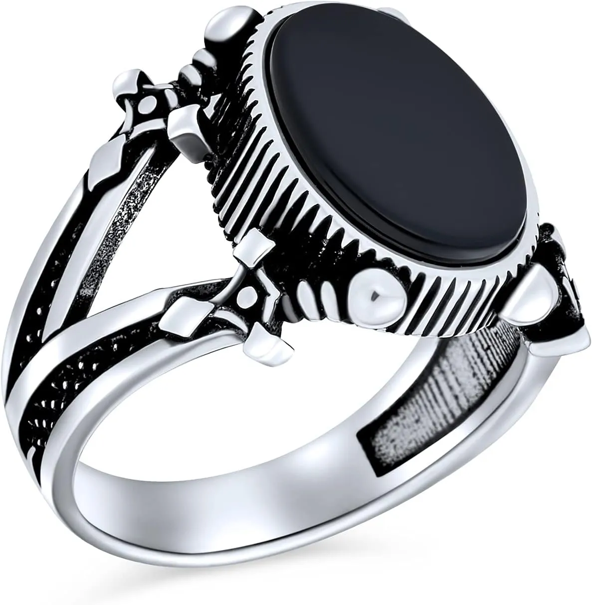 Mens Double Swords Shank Black Onyx Statement Oval Signet Ring Silver Black Onyx / 8