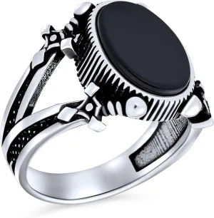 Mens Double Swords Shank Black Onyx Statement Oval Signet Ring Silver Black Onyx / 8
