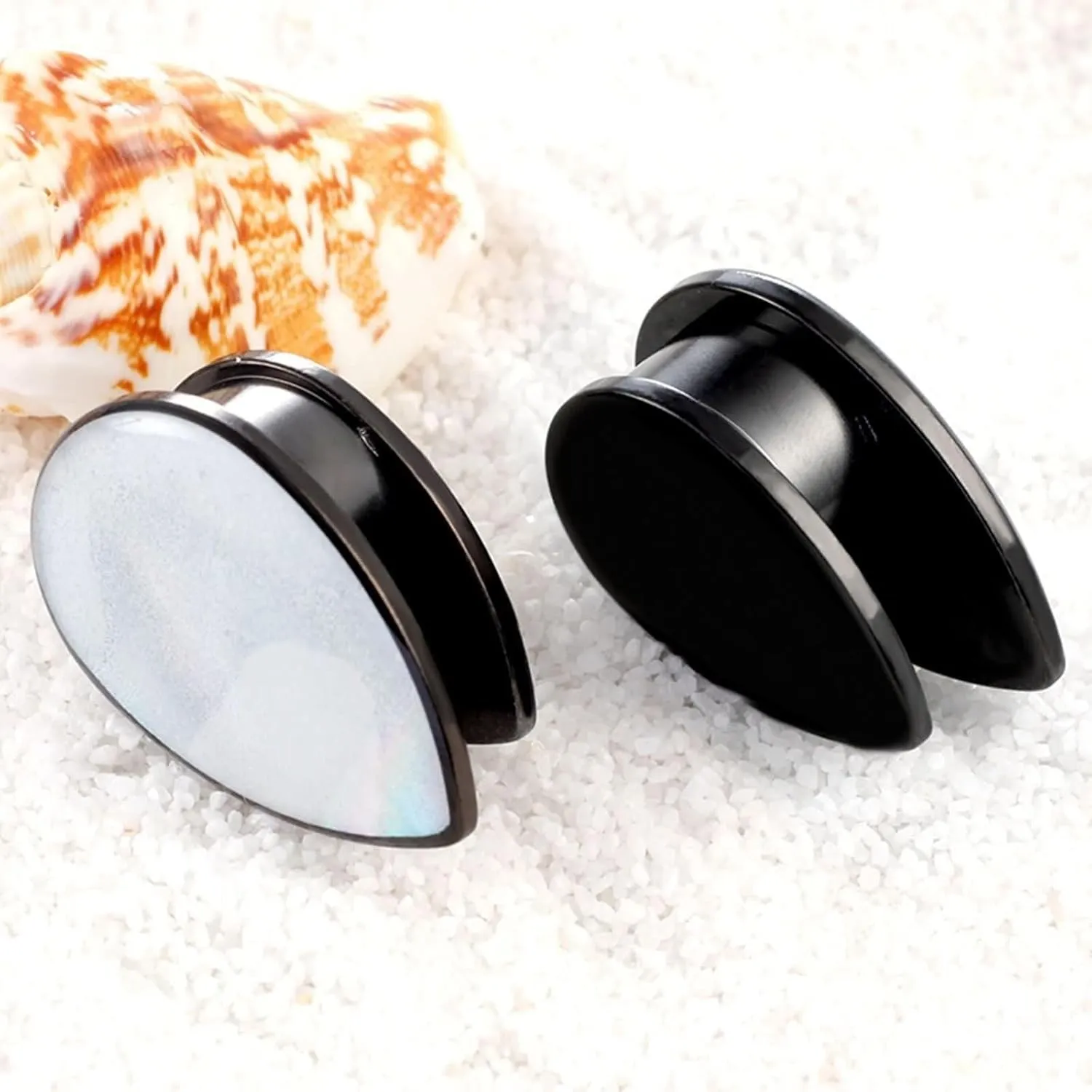 Mens Ear Gauges Plugs, Stainless Steel Tunnels for Ears Women Teardrop Shape with Shell Pierced Earrings for Women 2pcs