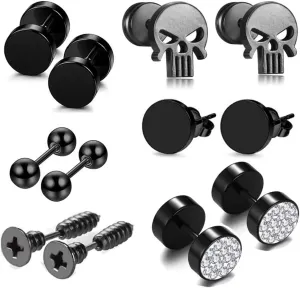 Men's earrings stainless steel skull black earrings piercing studs titanium surgical steel earrings stud with zircon for sensitive ears 6 pairs