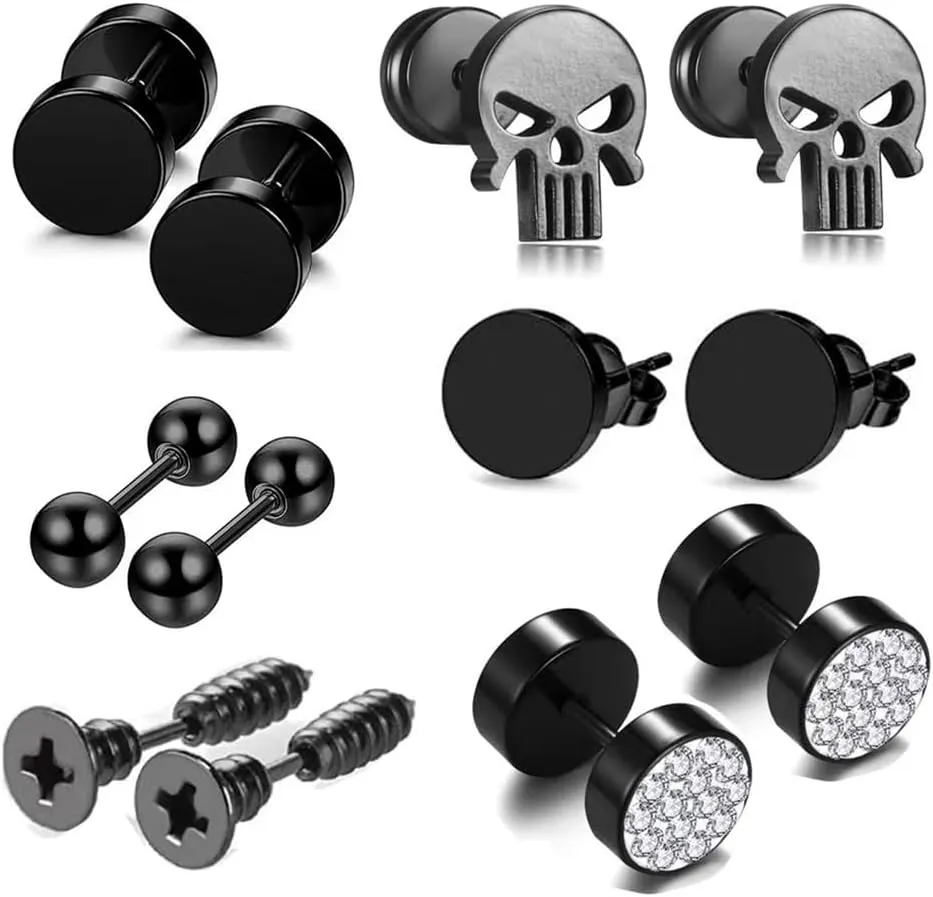 Men's earrings stainless steel skull black earrings piercing studs titanium surgical steel earrings stud with zircon for sensitive ears 6 pairs