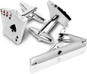 Men's Jack Playing Cards Exquisite Cufflink and Tie Clip Set for Mens in a Presentation Gift Box-Four Aces 4A Poker Cufflinks Set For Vegas Casino Night Event Wedding Business