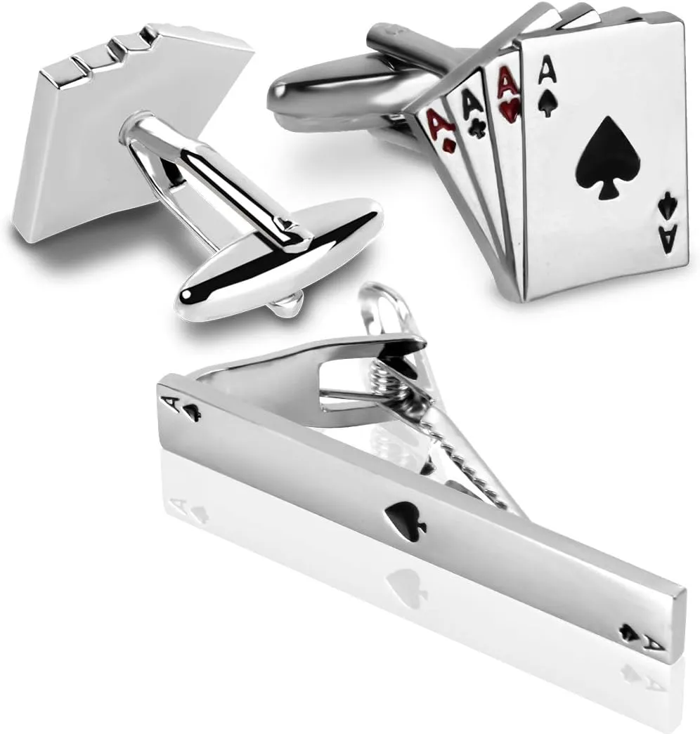 Men's Jack Playing Cards Exquisite Cufflink and Tie Clip Set for Mens in a Presentation Gift Box-Four Aces 4A Poker Cufflinks Set For Vegas Casino Night Event Wedding Business