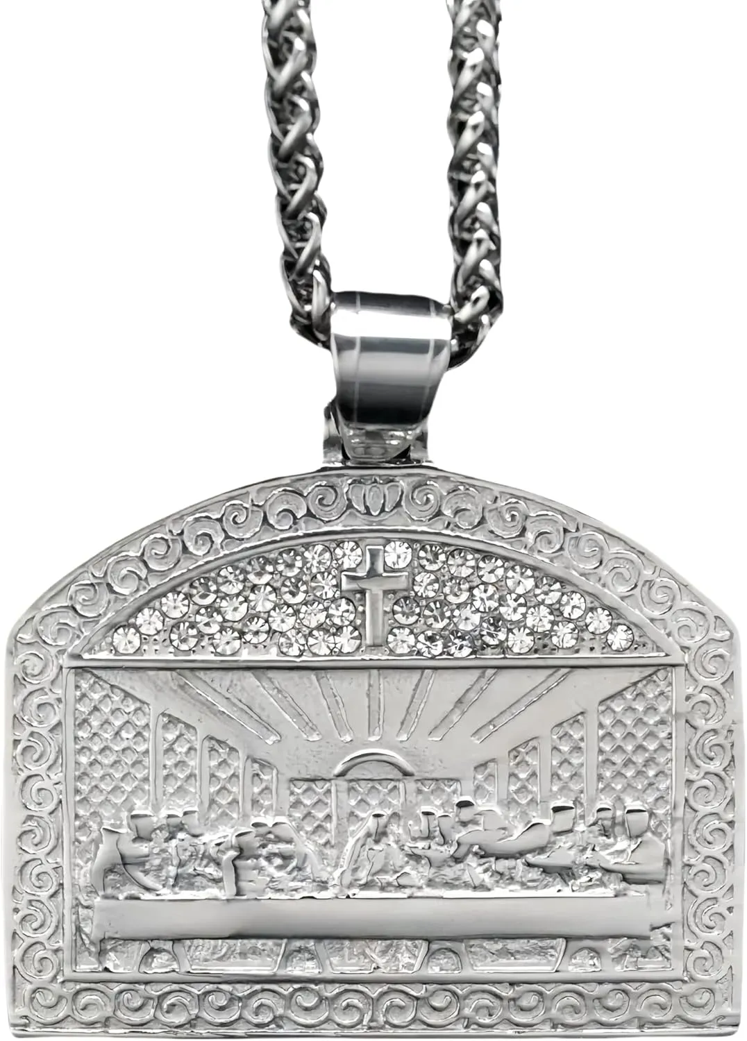 Men's Jesus' Last Supper Square Titanium Pendant Necklace Inlaid with Diamond Faith Jewelry Wheat Chain 24 inch Gift Box Packaging