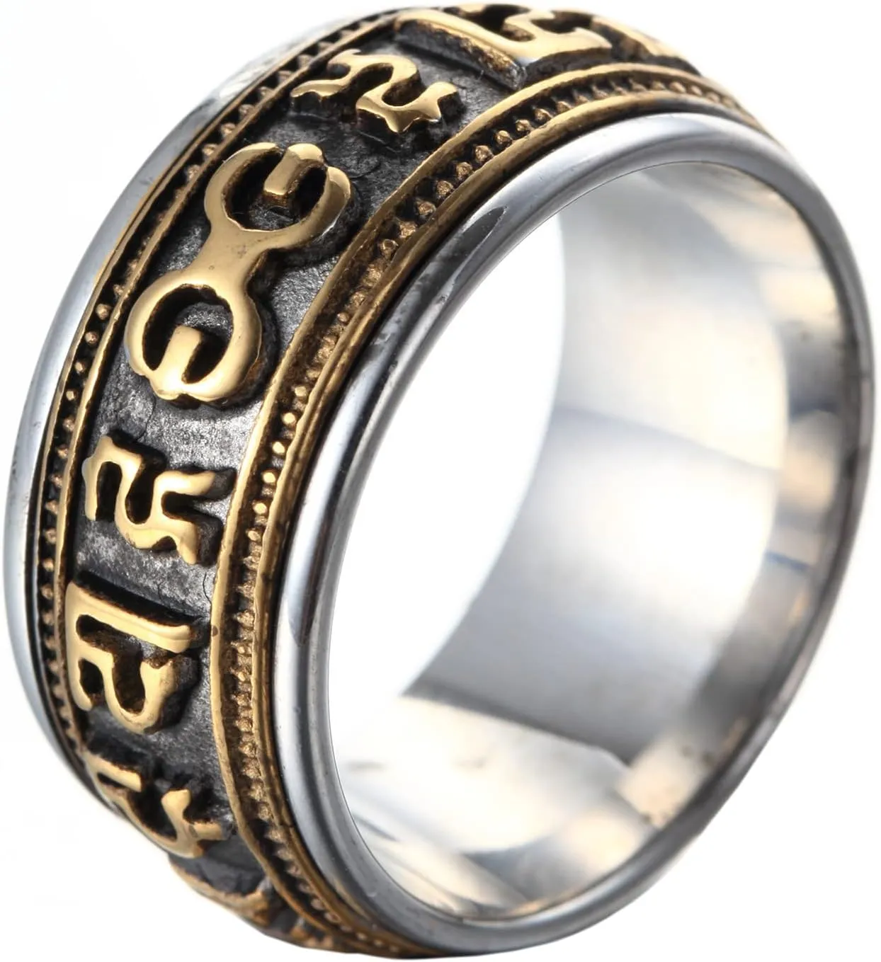 Men's Stainless Steel Buddhist Mantra Prayer Spinner Ring Tibetan Om Mani Padme Hum Band