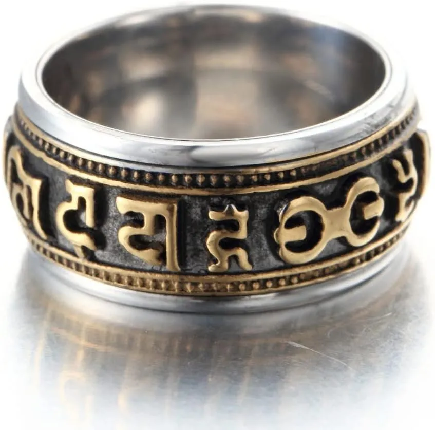 Men's Stainless Steel Buddhist Mantra Prayer Spinner Ring Tibetan Om Mani Padme Hum Band