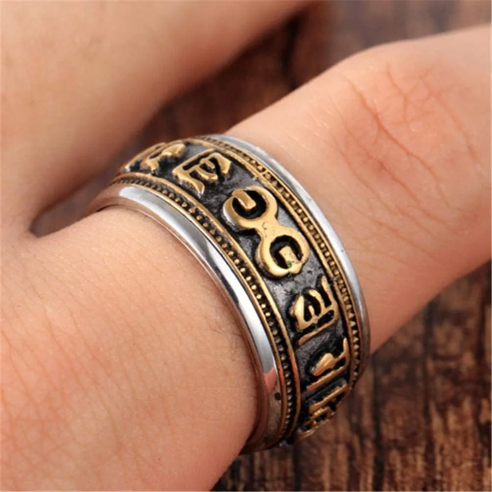 Men's Stainless Steel Buddhist Mantra Prayer Spinner Ring Tibetan Om Mani Padme Hum Band
