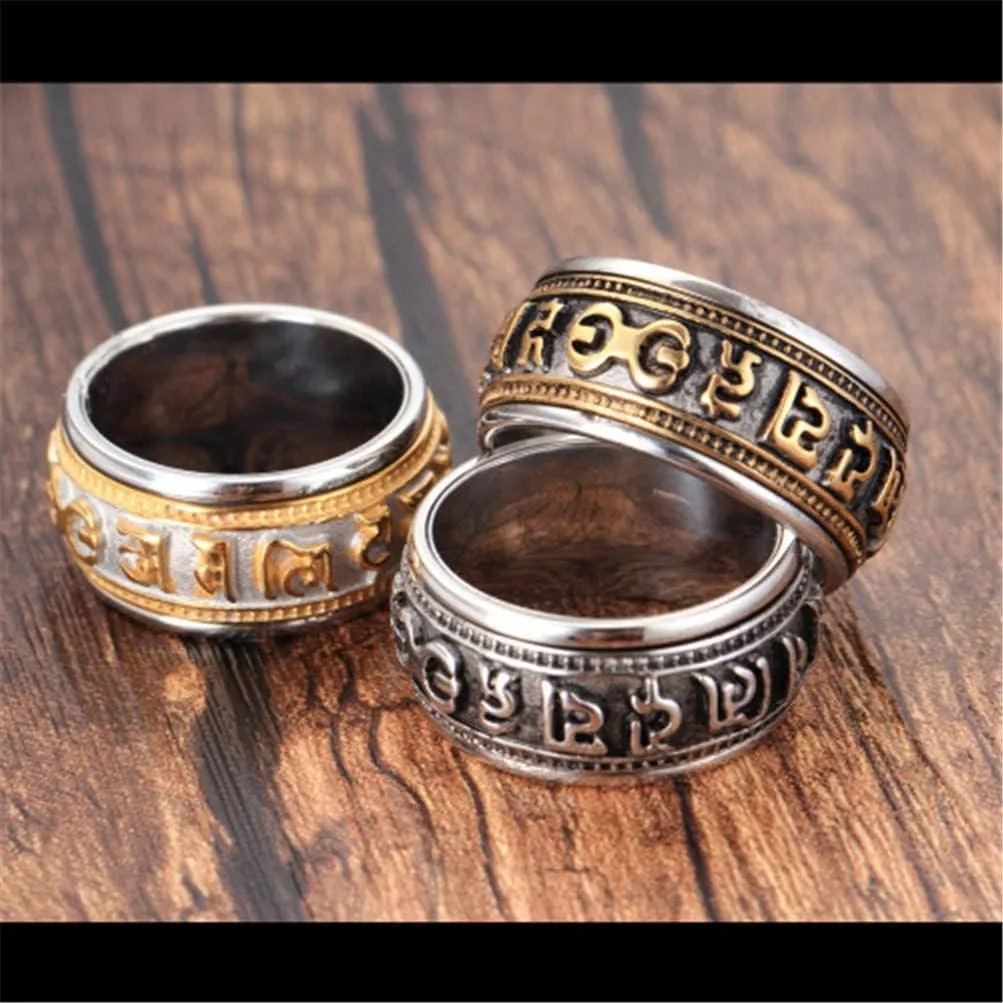 Men's Stainless Steel Buddhist Mantra Prayer Spinner Ring Tibetan Om Mani Padme Hum Band