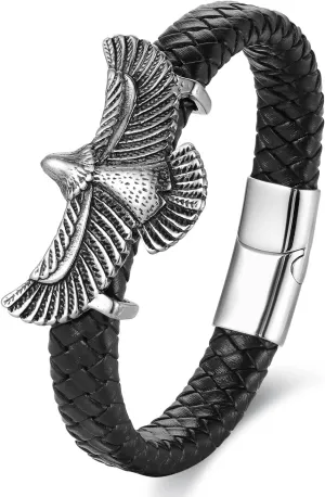Mens Stainless Steel Vintage Flying Eagle Black Braided Leather Bangle Bracelet, Animal Lover, Exclusive