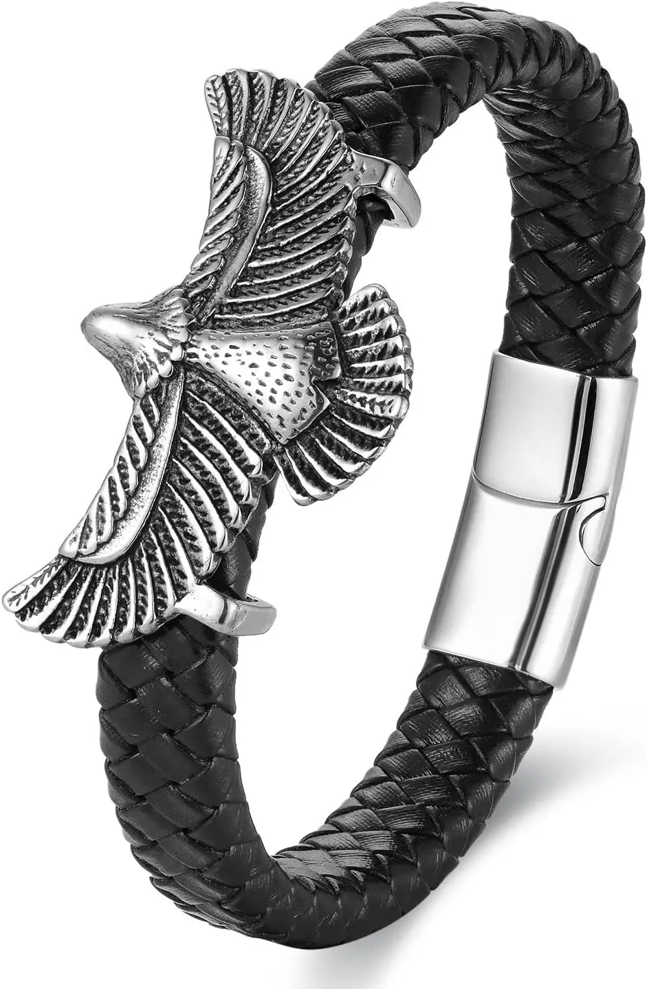 Mens Stainless Steel Vintage Flying Eagle Black Braided Leather Bangle Bracelet, Animal Lover, Exclusive