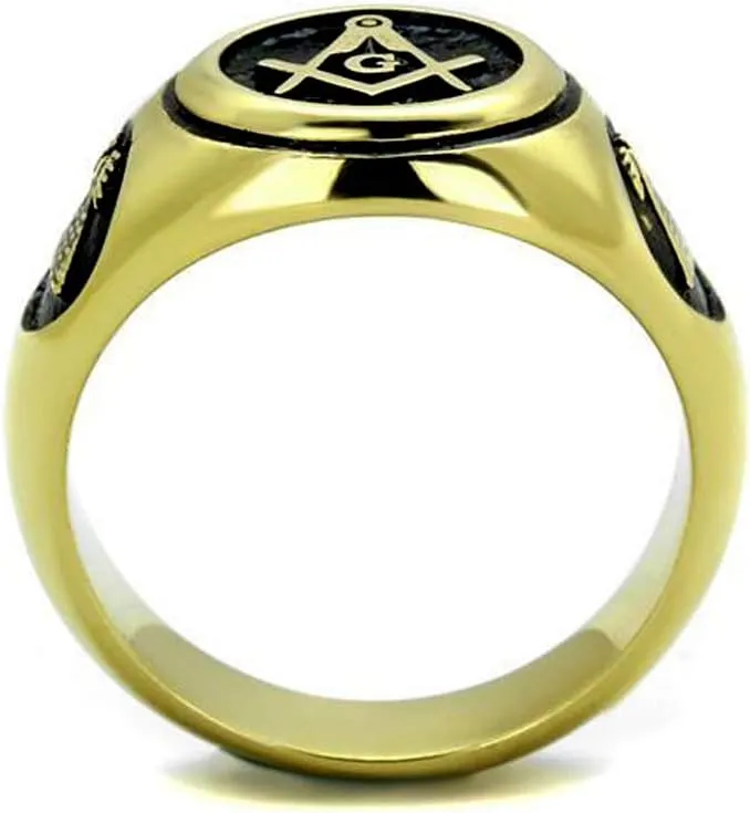 Men's Textured Masonic Lodge Freemason Signet Nugget Ring in Hypoallergenic Silvertone Stainless Steel Ornate Statement Ring