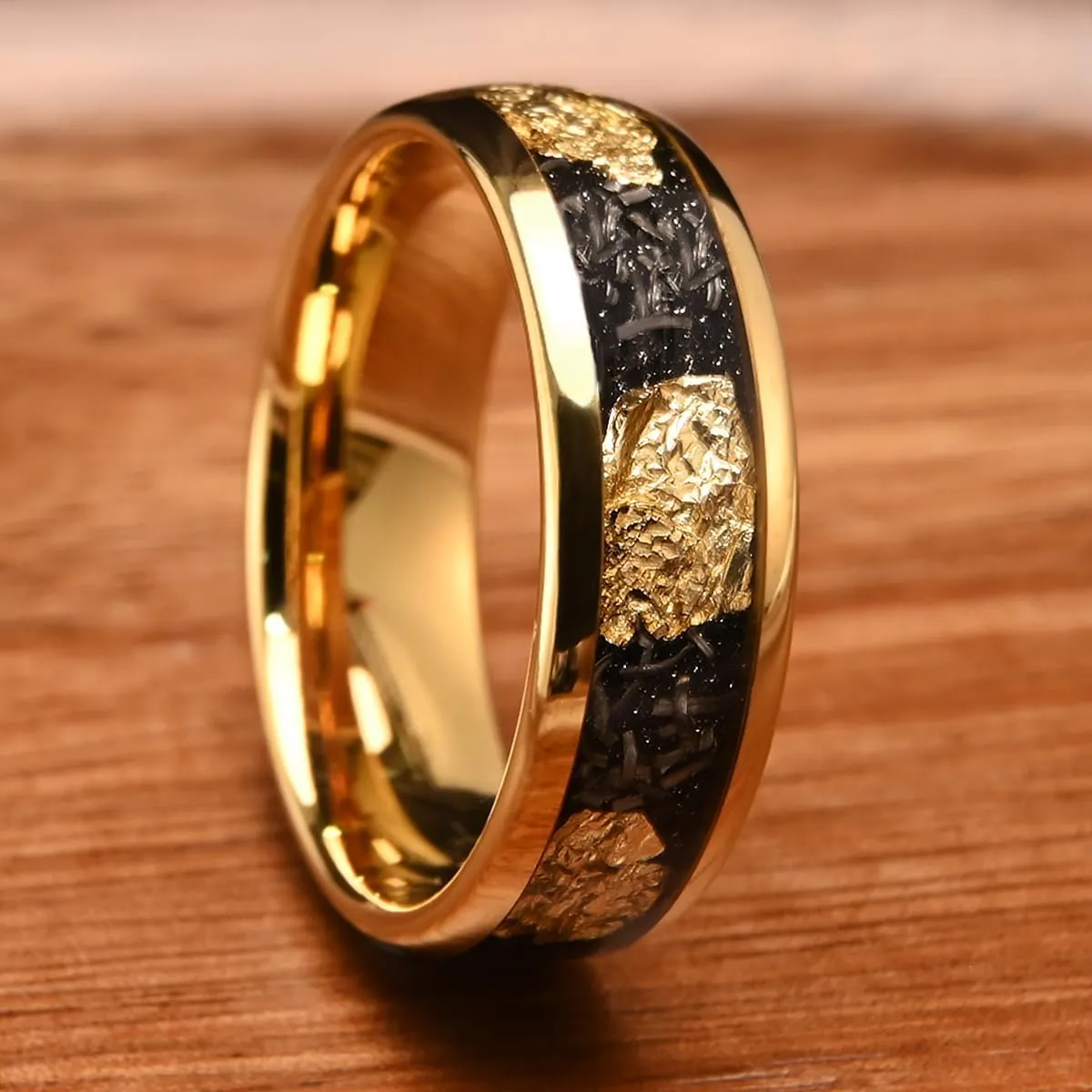 Men's Tungsten Carbide Ring 8mm Inlaid Gold Foil and Meteorite Fragments Couple Engagement Wedding Rings Fashion Luxury Suitable for Daily Wear