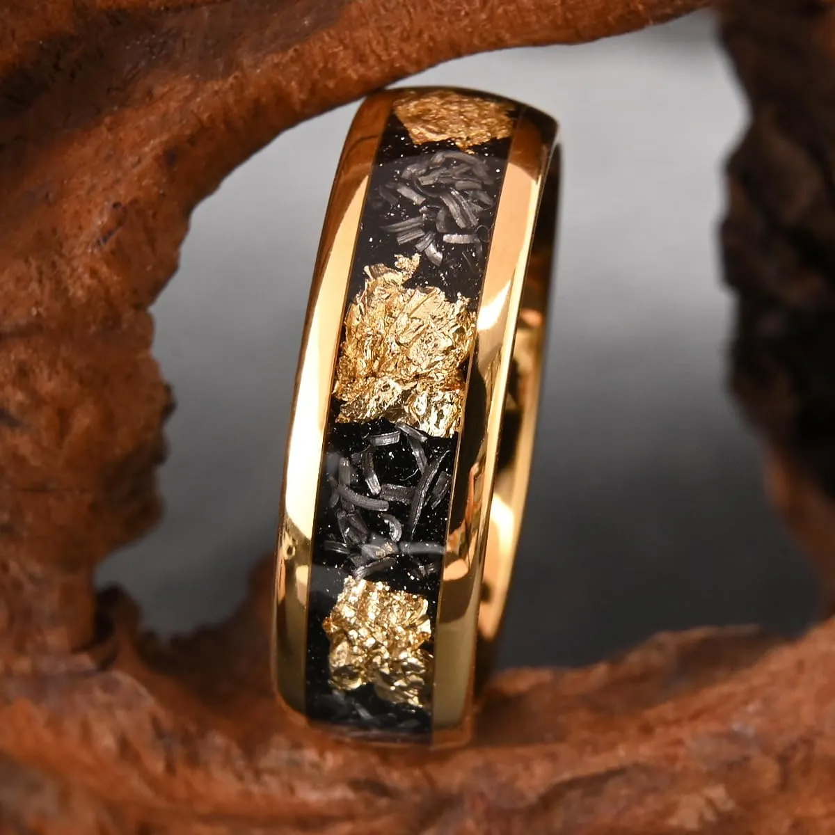 Men's Tungsten Carbide Ring 8mm Inlaid Gold Foil and Meteorite Fragments Couple Engagement Wedding Rings Fashion Luxury Suitable for Daily Wear