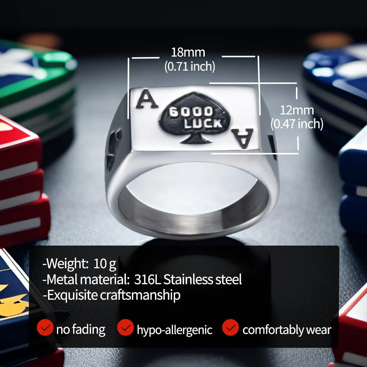 Mens Womens Stainless Steel Ring Poker Spade Ace Rings, Silver Black Sizes 8-13