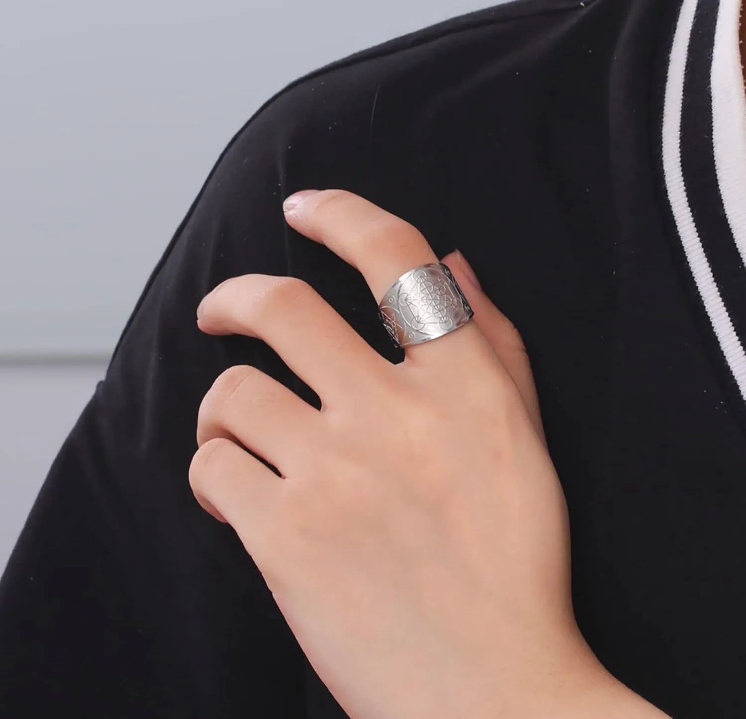 Metatron Cube Ring for Men Women Magic Men's Archangel Finger Rings Signet Ring Band Stainless Steel Sacred Geometry Hexagram Protection Amulet Ring Statement Band