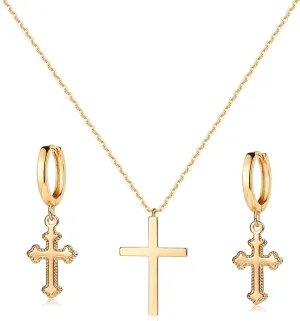 MEVECCO Gold Cross Jewelry Set Gold Plated CZ Turquoise Faith Pendant Necklace and Huggie Earrings Minimalist Handmade Crucifix Jewelry Gift