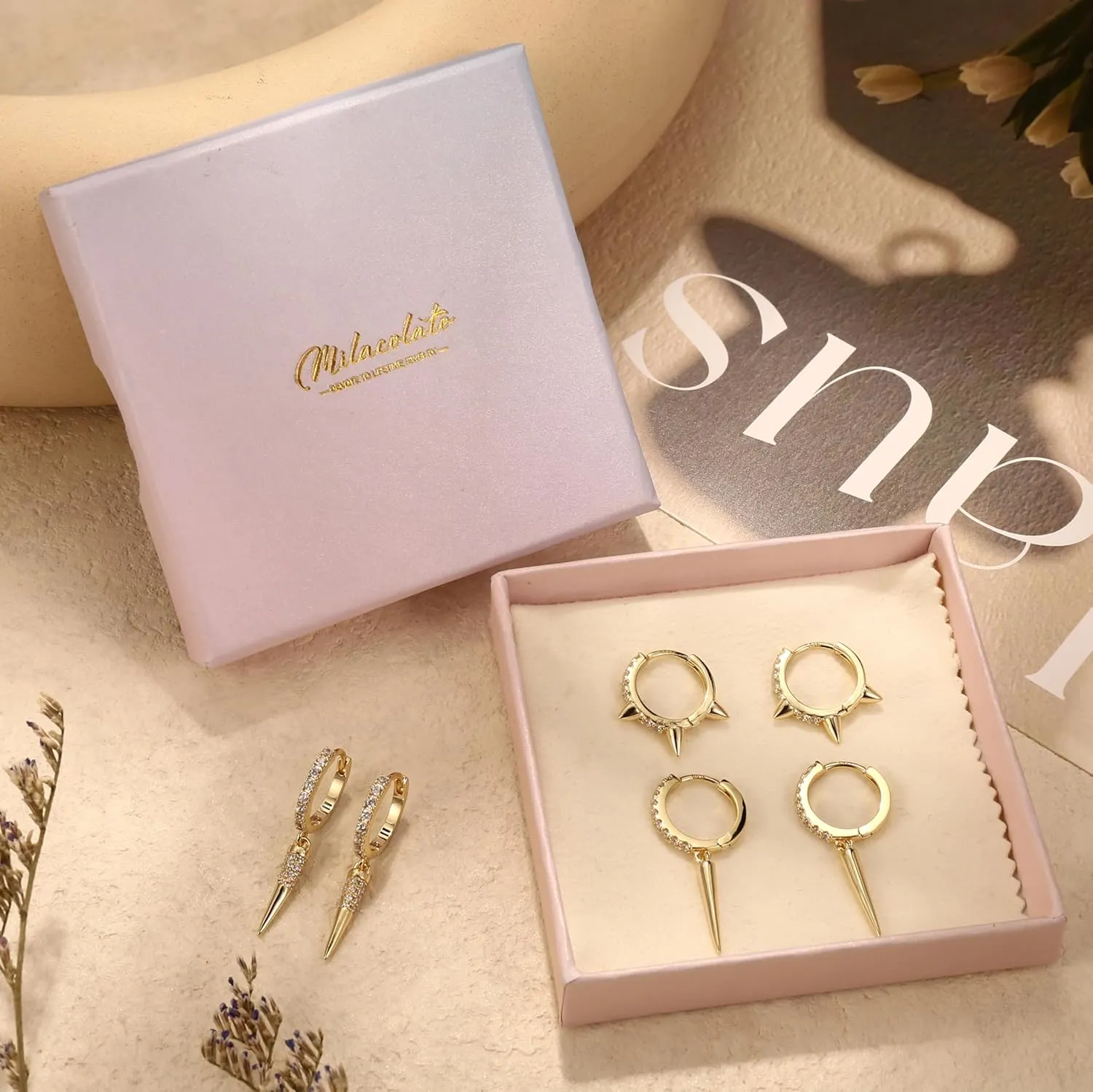 MILACOLATO 3 Pairs 925 Sterling Silver Earrings for Women, Dainty 14K Gold Plated Huggie Hoop Earrings Sets for Multiple Piercing, Hypoallergenic Cartilage Stud Hoop Earrings Stacks Trendy Jewelry Gifts for Women Mother