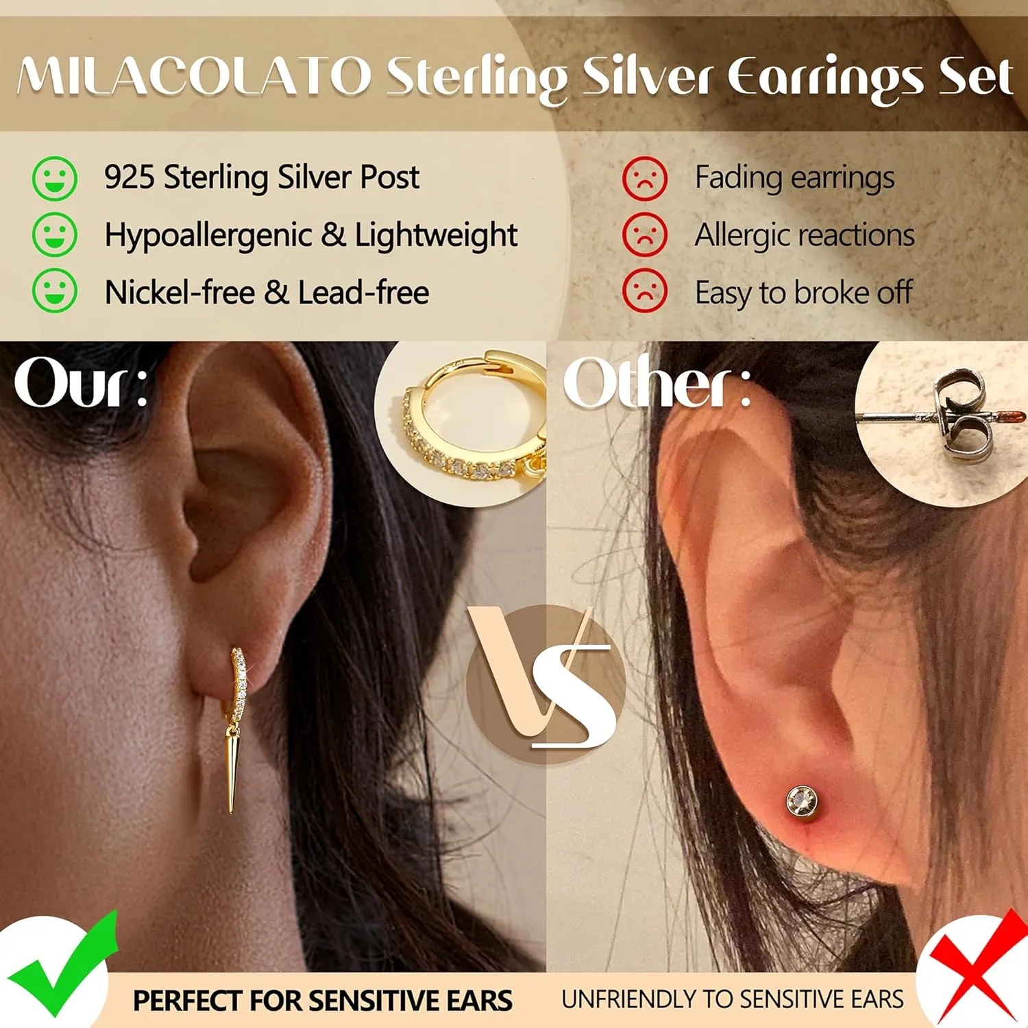 MILACOLATO 3 Pairs 925 Sterling Silver Earrings for Women, Dainty 14K Gold Plated Huggie Hoop Earrings Sets for Multiple Piercing, Hypoallergenic Cartilage Stud Hoop Earrings Stacks Trendy Jewelry Gifts for Women Mother