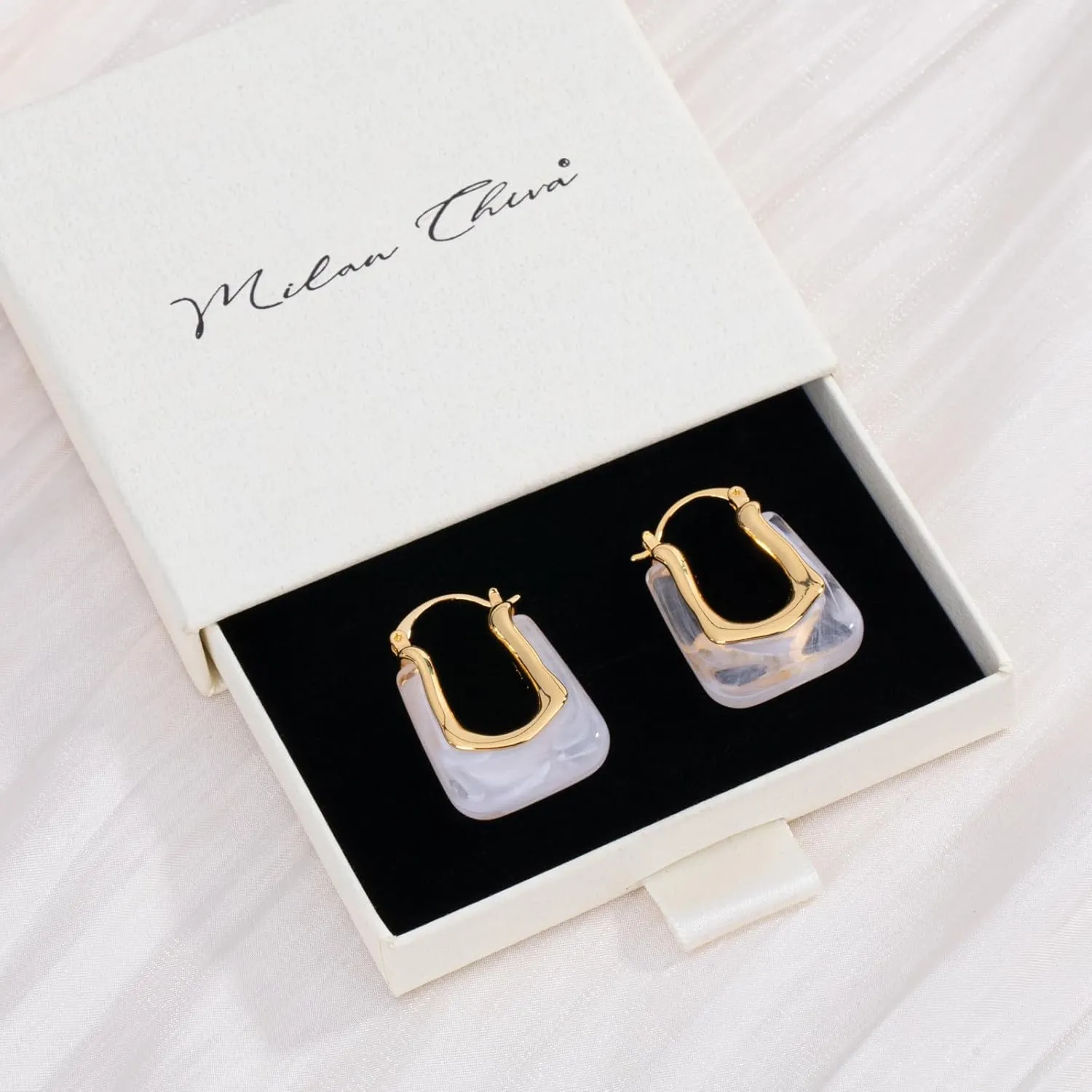 Milan Chiva 14K Gold Acrylic Rectangle Clear Earrings for Women, Plated Chunky Earrings Geometric Minimalist Statement Lightweight Huggie Dainty Hypoallergenic Hoop Earrings for Womens Jewelry