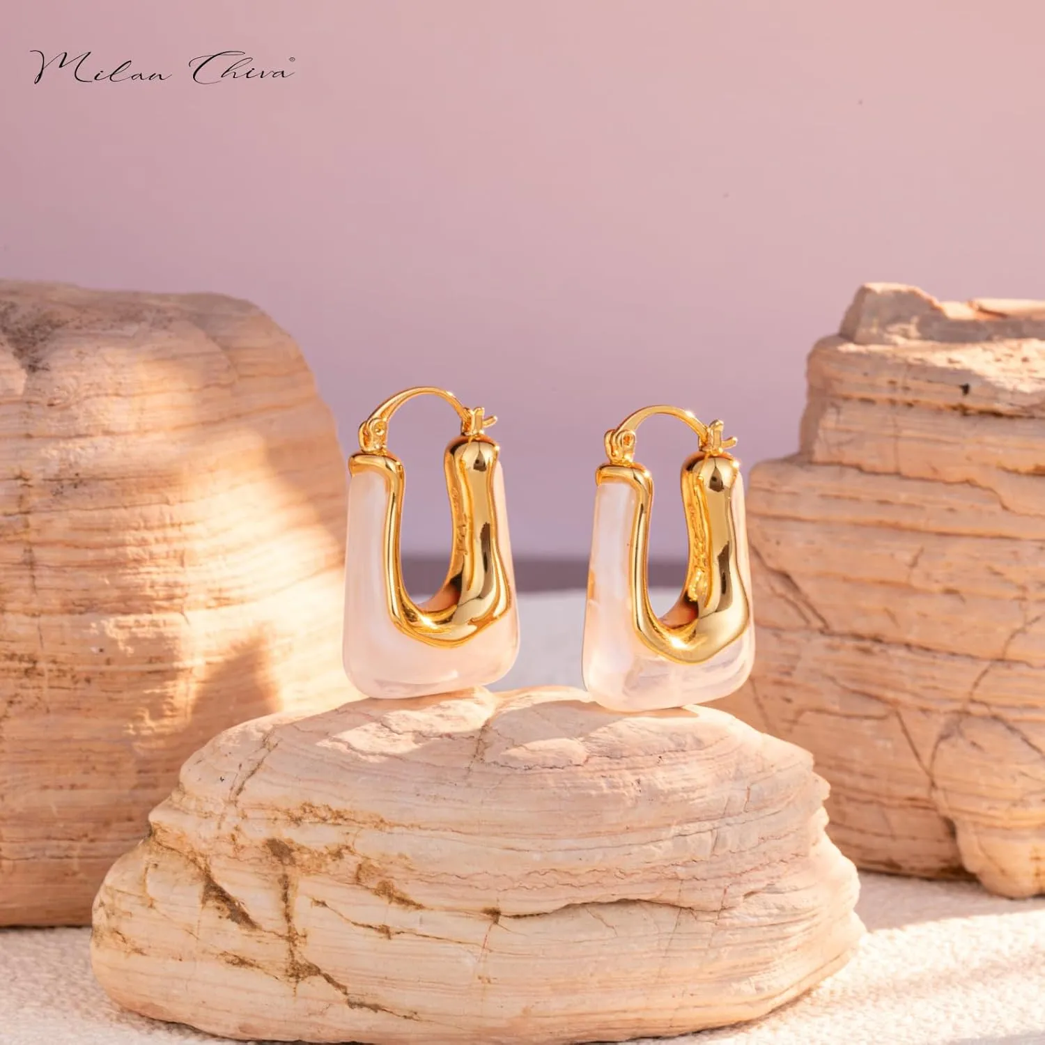 Milan Chiva 14K Gold Acrylic Rectangle Clear Earrings for Women, Plated Chunky Earrings Geometric Minimalist Statement Lightweight Huggie Dainty Hypoallergenic Hoop Earrings for Womens Jewelry