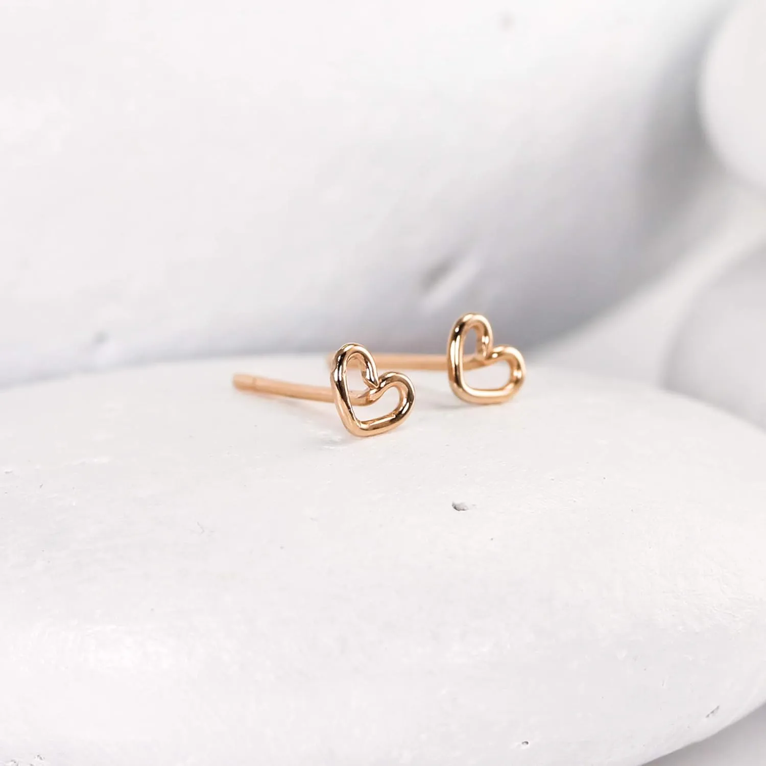 Mini Love Stud Earrings, Handmade Tiny 14K Gold Filled Pouty Kiss Studs by Lotus Stone Jewelry (Rose Gold, Heart)