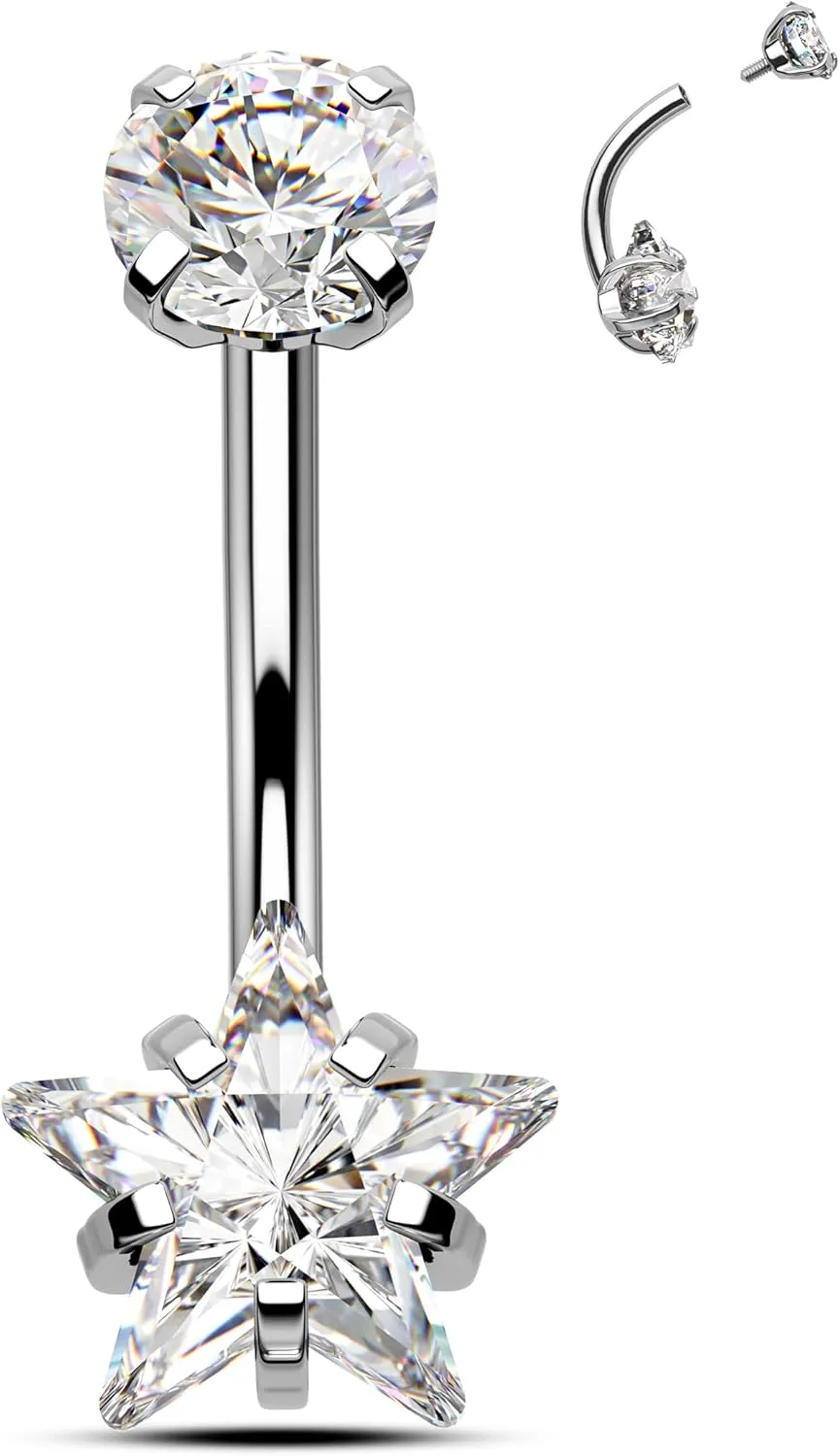 Minimalist Star G23 Solid Titanium Belly Button Rings - 14G Internally Threaded Navel Rings for Women - Clear CZ Belly Piercing Jewelry