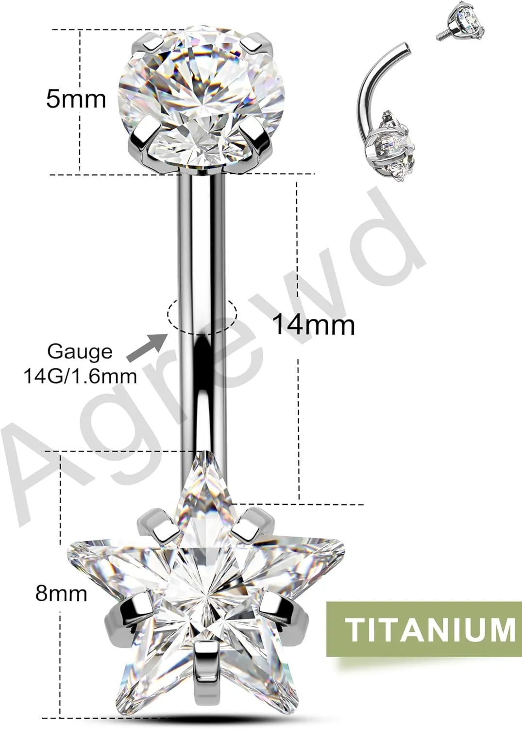 Minimalist Star G23 Solid Titanium Belly Button Rings - 14G Internally Threaded Navel Rings for Women - Clear CZ Belly Piercing Jewelry