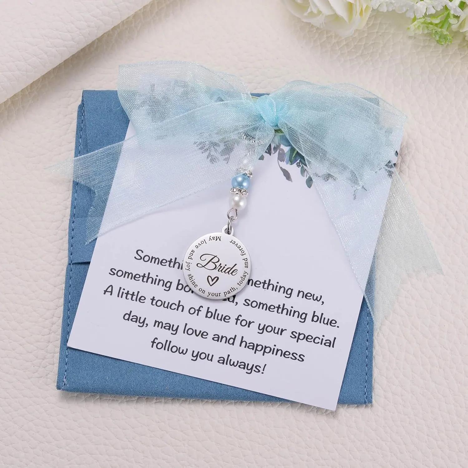 MIXJOY Something Blue Gift for Bride, Wedding Day Bridal Blue Pearl Angel Wings Bouquet Garter Charm for Bride to Be