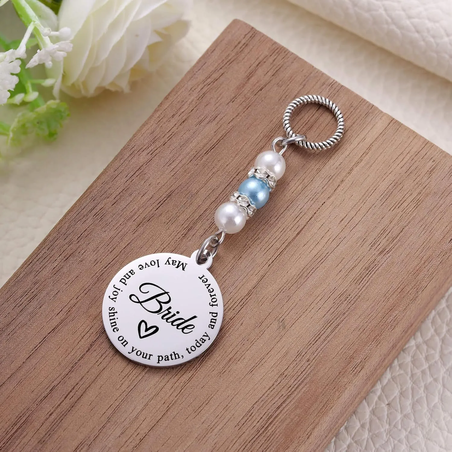 MIXJOY Something Blue Gift for Bride, Wedding Day Bridal Blue Pearl Angel Wings Bouquet Garter Charm for Bride to Be