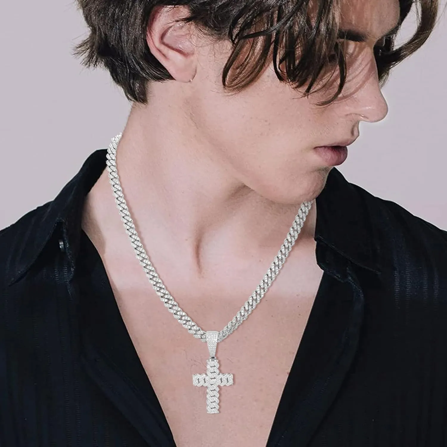 Moissanite Cross Necklace 2.7 Carat Iced Out Moissanite Cross Pendant 925 Sterling Silver Cross Chain Necklace D Color VVS1 18k Gold Plated Christian Pendant