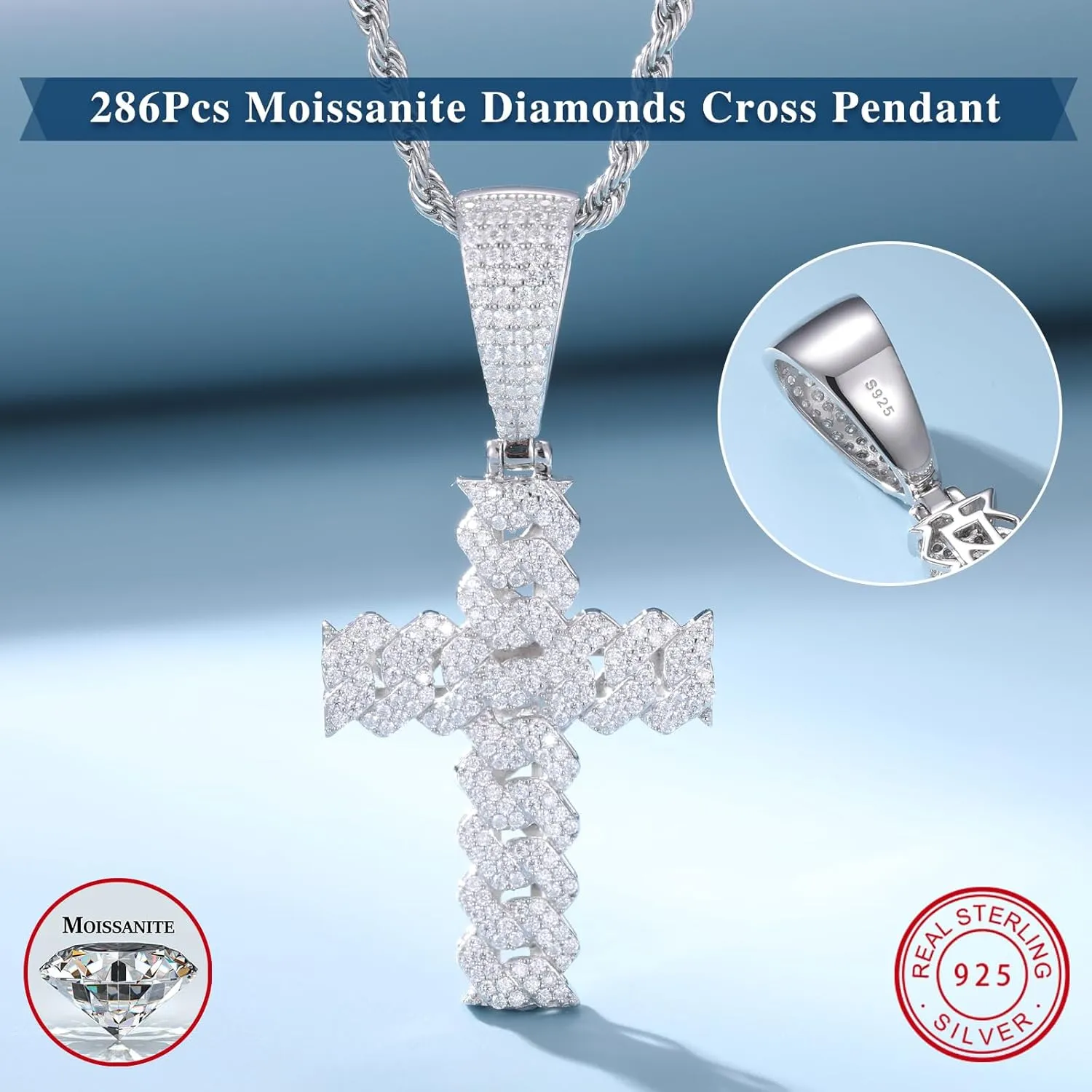 Moissanite Cross Necklace 2.7 Carat Iced Out Moissanite Cross Pendant 925 Sterling Silver Cross Chain Necklace D Color VVS1 18k Gold Plated Christian Pendant