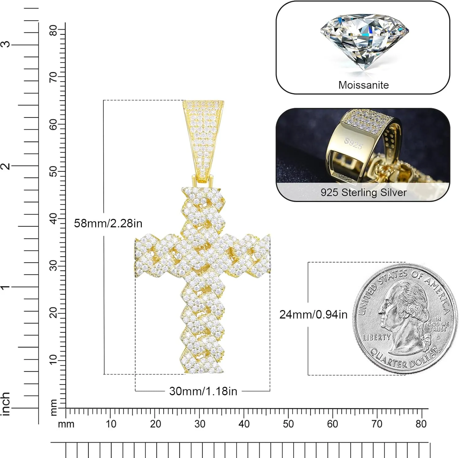 Moissanite Cross Necklace 2.7 Carat Iced Out Moissanite Cross Pendant 925 Sterling Silver Cross Chain Necklace D Color VVS1 18k Gold Plated Christian Pendant