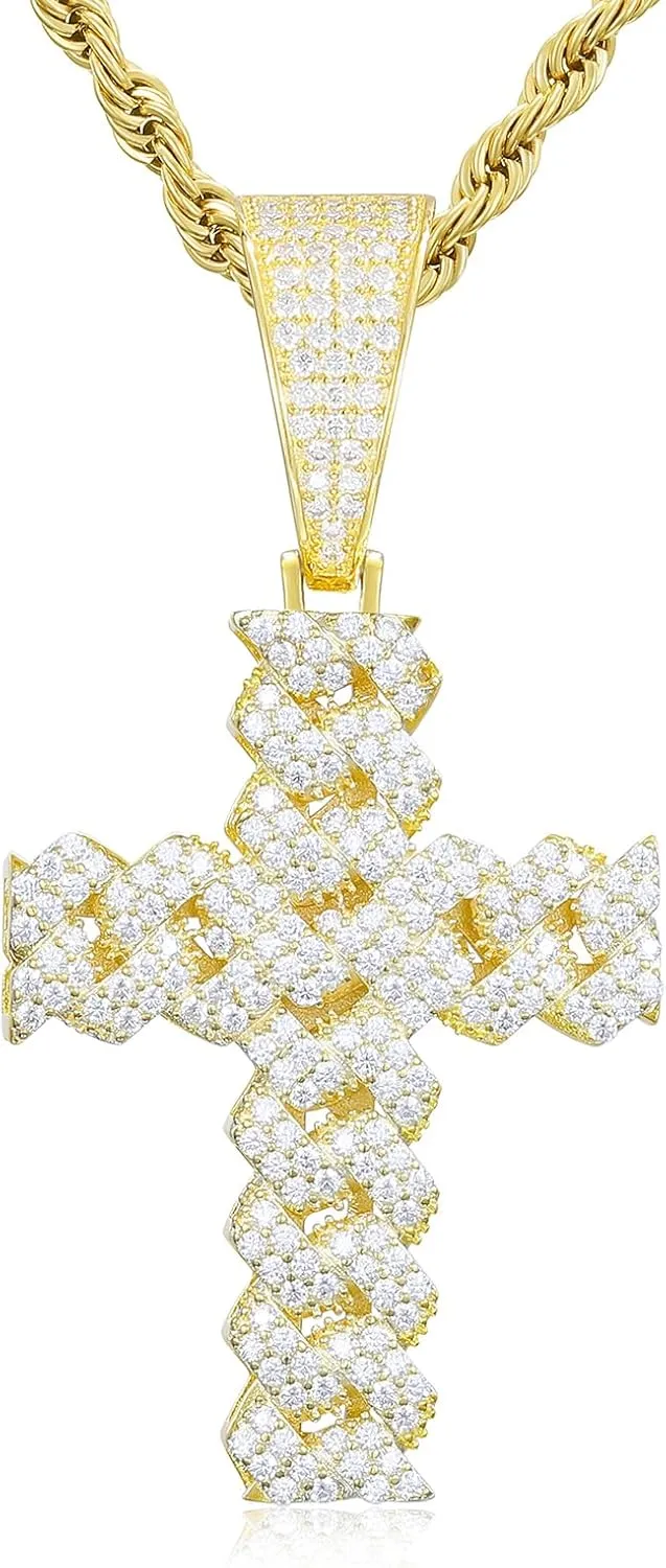 Moissanite Cross Necklace 2.7 Carat Iced Out Moissanite Cross Pendant 925 Sterling Silver Cross Chain Necklace D Color VVS1 18k Gold Plated Christian Pendant