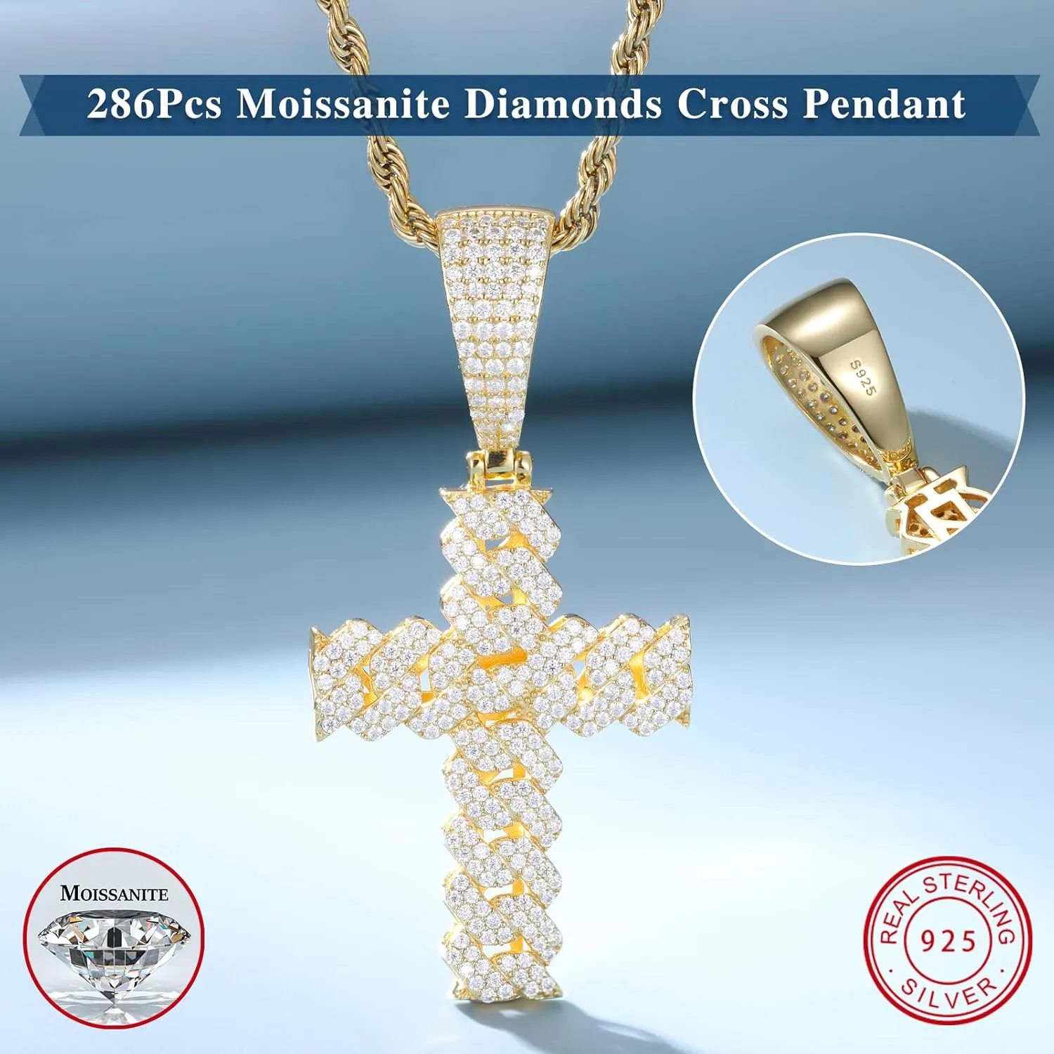 Moissanite Cross Necklace 2.7 Carat Iced Out Moissanite Cross Pendant 925 Sterling Silver Cross Chain Necklace D Color VVS1 18k Gold Plated Christian Pendant