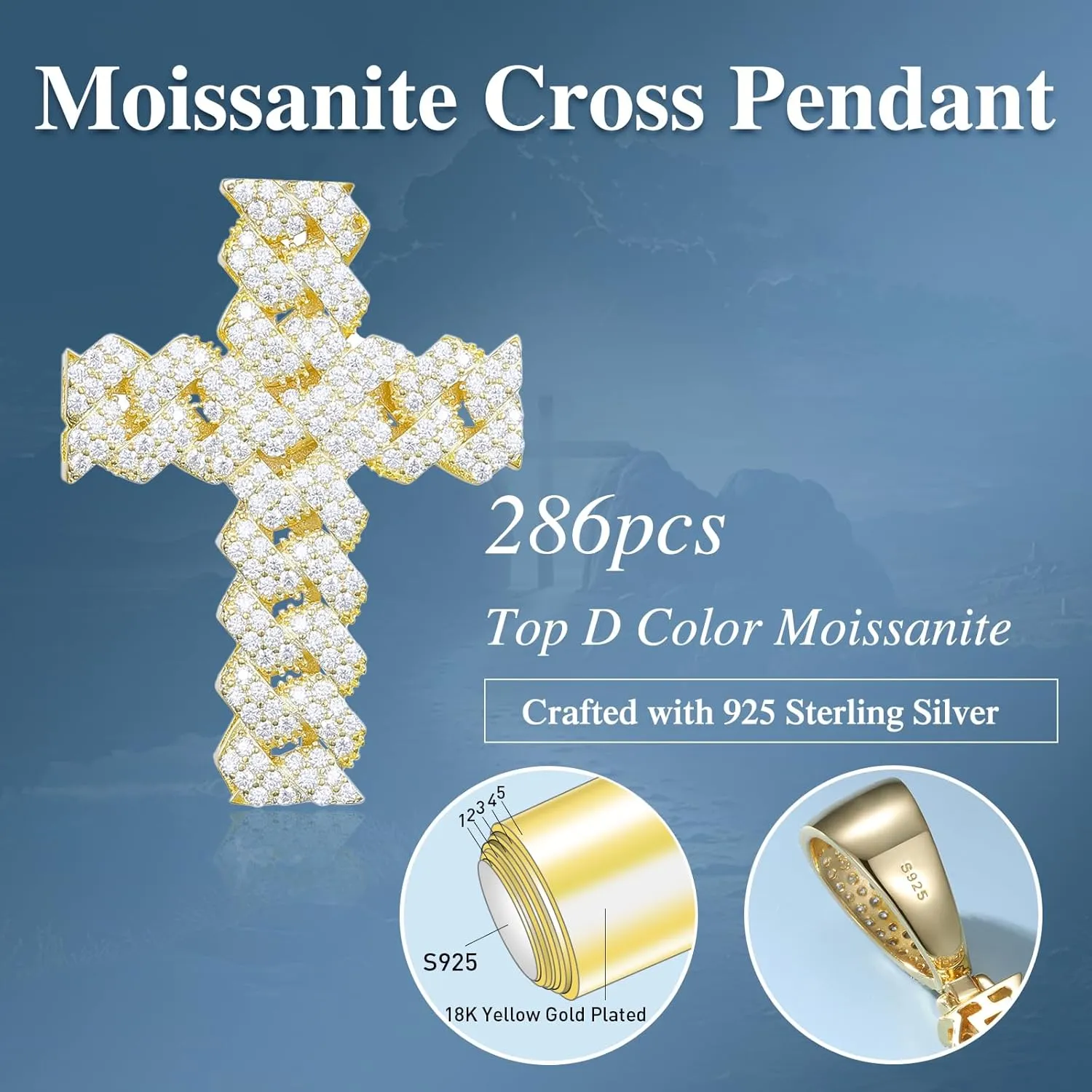 Moissanite Cross Necklace 2.7 Carat Iced Out Moissanite Cross Pendant 925 Sterling Silver Cross Chain Necklace D Color VVS1 18k Gold Plated Christian Pendant