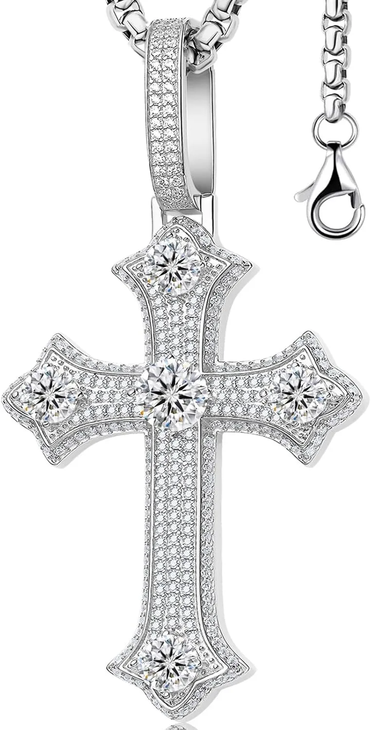 Moissanite Cross Necklace for Men,D Color Iceout Diamond Crucifix Pendant,S925 Silver Lab Diamond Hiphop Pendant Christian Jewelry for Hiphop Men Rapper