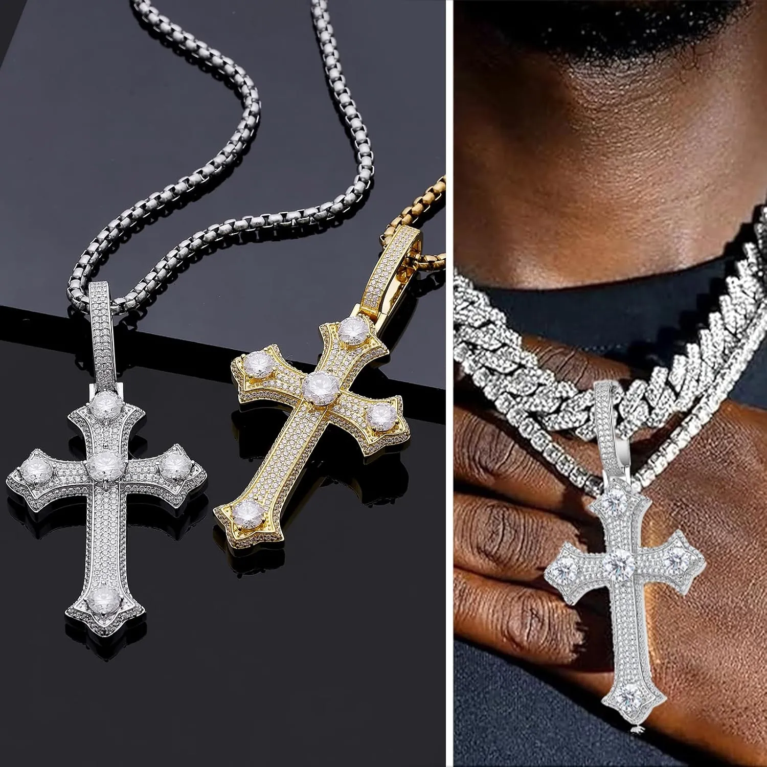 Moissanite Cross Necklace for Men,D Color Iceout Diamond Crucifix Pendant,S925 Silver Lab Diamond Hiphop Pendant Christian Jewelry for Hiphop Men Rapper