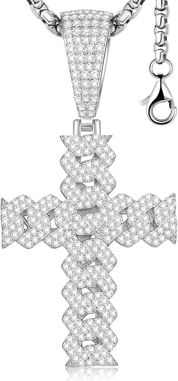 Moissanite Cross Necklace for Men,Large Diamond Hiphop Pendant,S925 Silver Simulated Diamond Crucifix Pendant Hiphop Cross Jewelry for Men Women Rapper