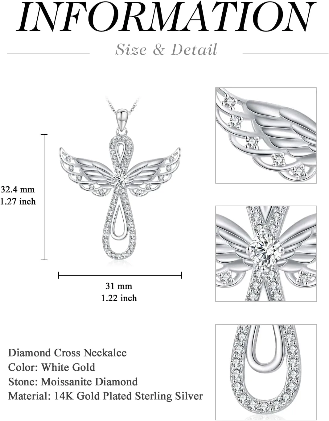 Moissanite Diamond Angel Wings Cross Necklace 14K Gold Plated 925 Sterling Silver Diamond Cross Pendant Necklaces for Women Birthday Christmas Gifts for Her Girlfriend Wife, 18 2 Inch