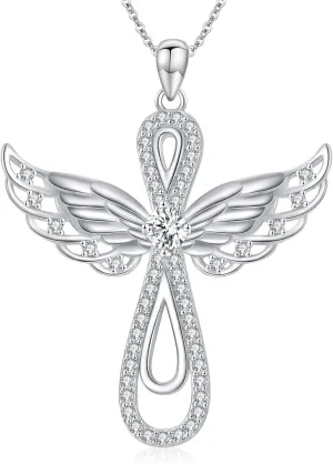 Moissanite Diamond Angel Wings Cross Necklace 14K Gold Plated 925 Sterling Silver Diamond Cross Pendant Necklaces for Women Birthday Christmas Gifts for Her Girlfriend Wife, 18 2 Inch