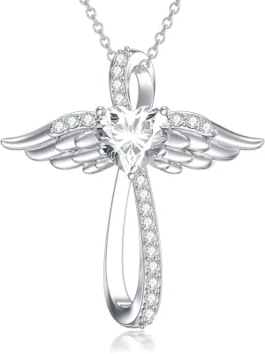 Moissanite Diamond Angel Wings Cross Necklace 14K Gold Plated 925 Sterling Silver Diamond Cross Pendant Necklaces for Women Birthday Christmas Gifts for Her Girlfriend Wife, 18 2 Inch