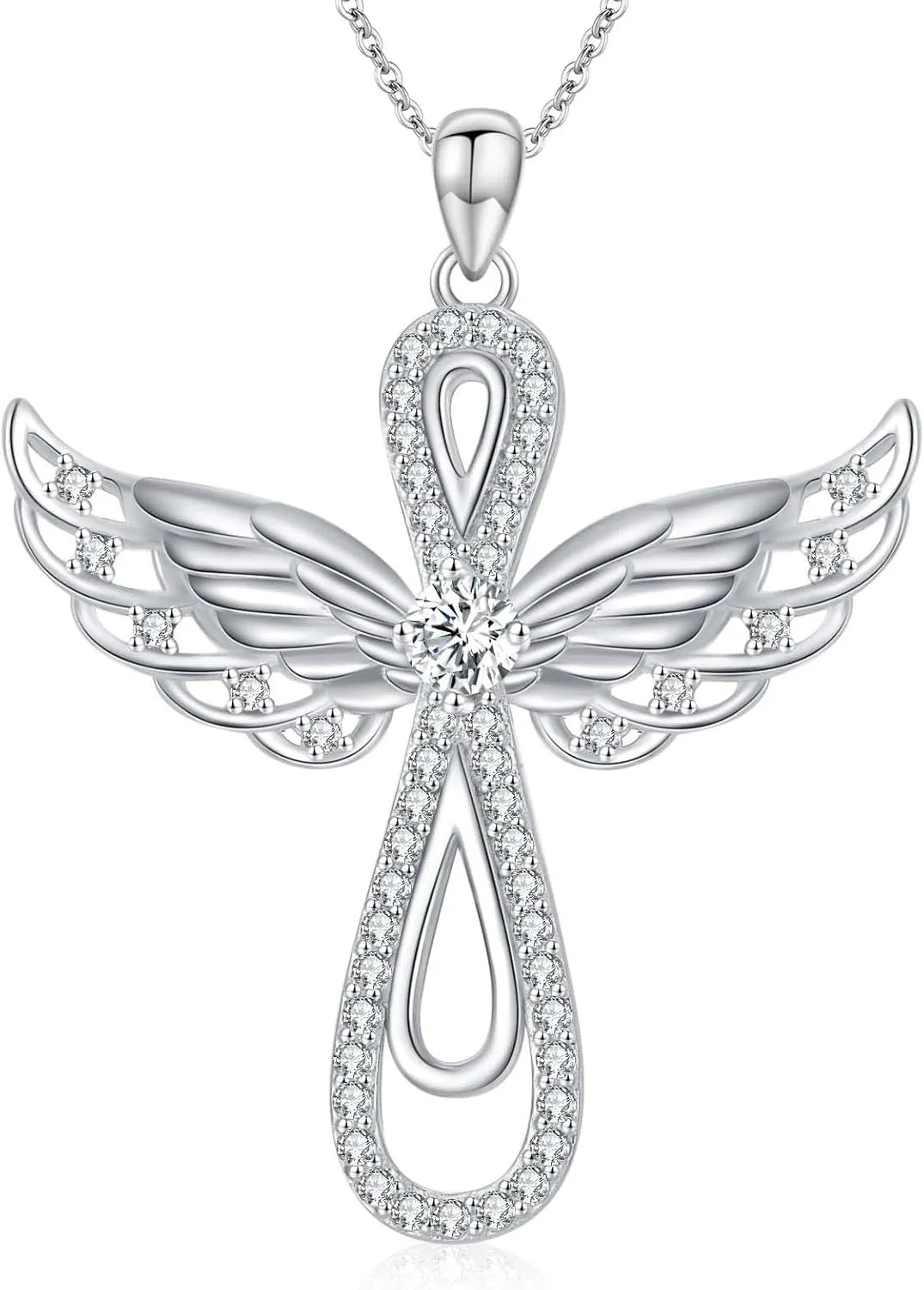 Moissanite Diamond Angel Wings Cross Necklace 14K Gold Plated 925 Sterling Silver Diamond Cross Pendant Necklaces for Women Birthday Christmas Gifts for Her Girlfriend Wife, 18 2 Inch