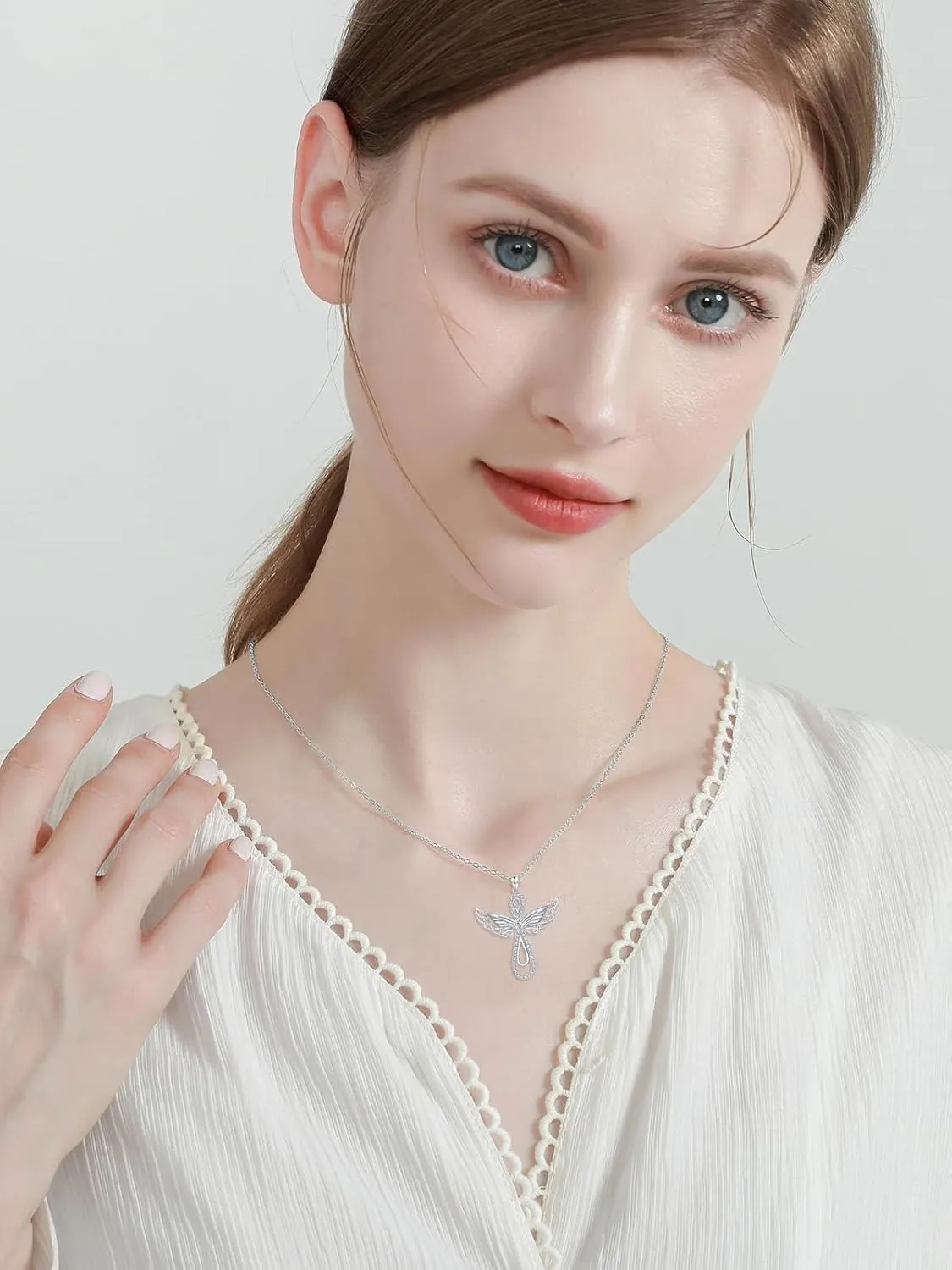 Moissanite Diamond Angel Wings Cross Necklace 14K Gold Plated 925 Sterling Silver Diamond Cross Pendant Necklaces for Women Birthday Christmas Gifts for Her Girlfriend Wife, 18 2 Inch