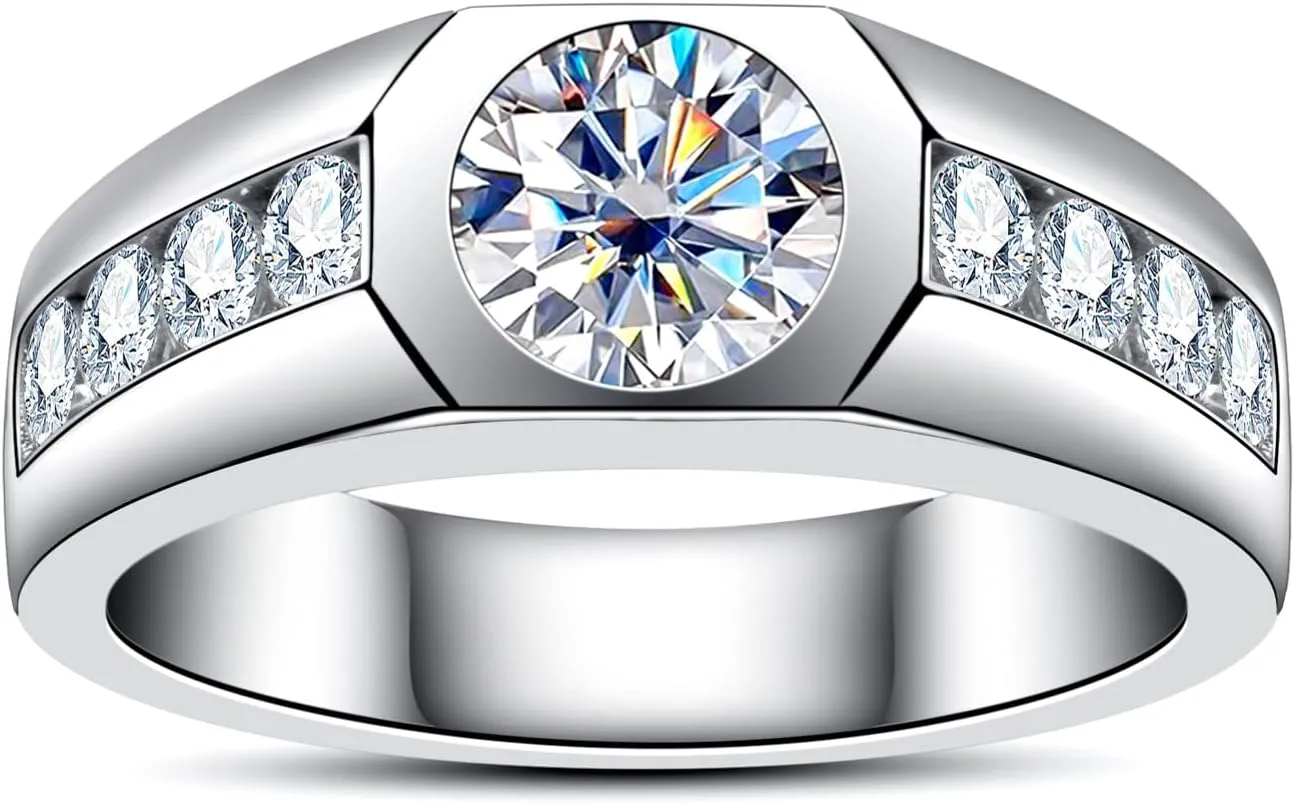 Moissanite Wedding Ring for Men 1/1.64cttw D Color VVS1 Clarity 925 Sterling Silver Moissanite Promise Anniversary Engagement Rings with Certificate