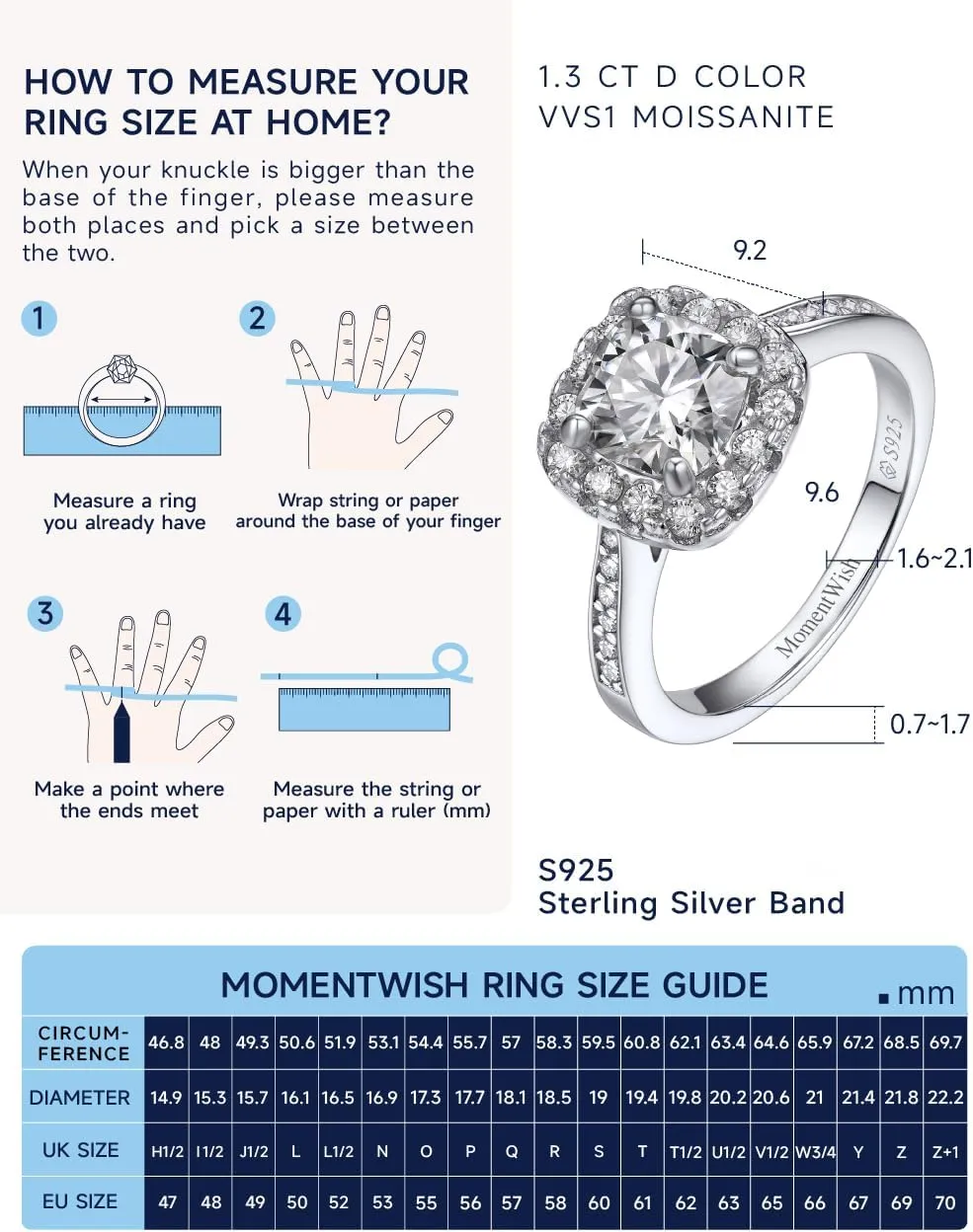 MomentWish Engagement Ring for Women, Moissanite Promise Ring for Her, D Color VVS1 Simulated Moissanite 925 Sterling Silver Ring for Wedding Anniversary